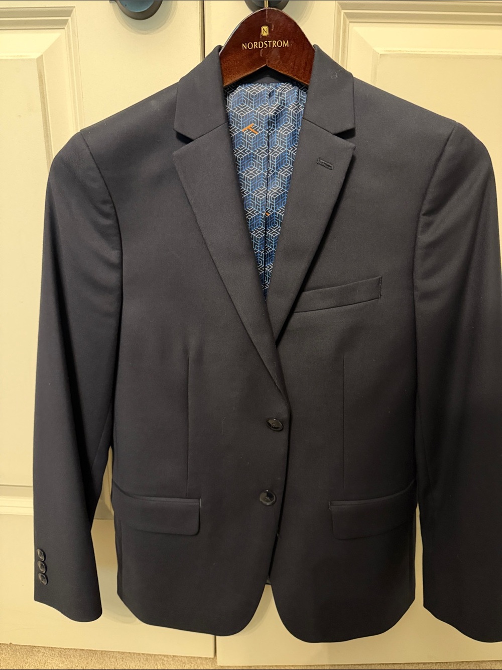 TALLIA Navy Blue Sport Coat with Patterned Lining, 12/14